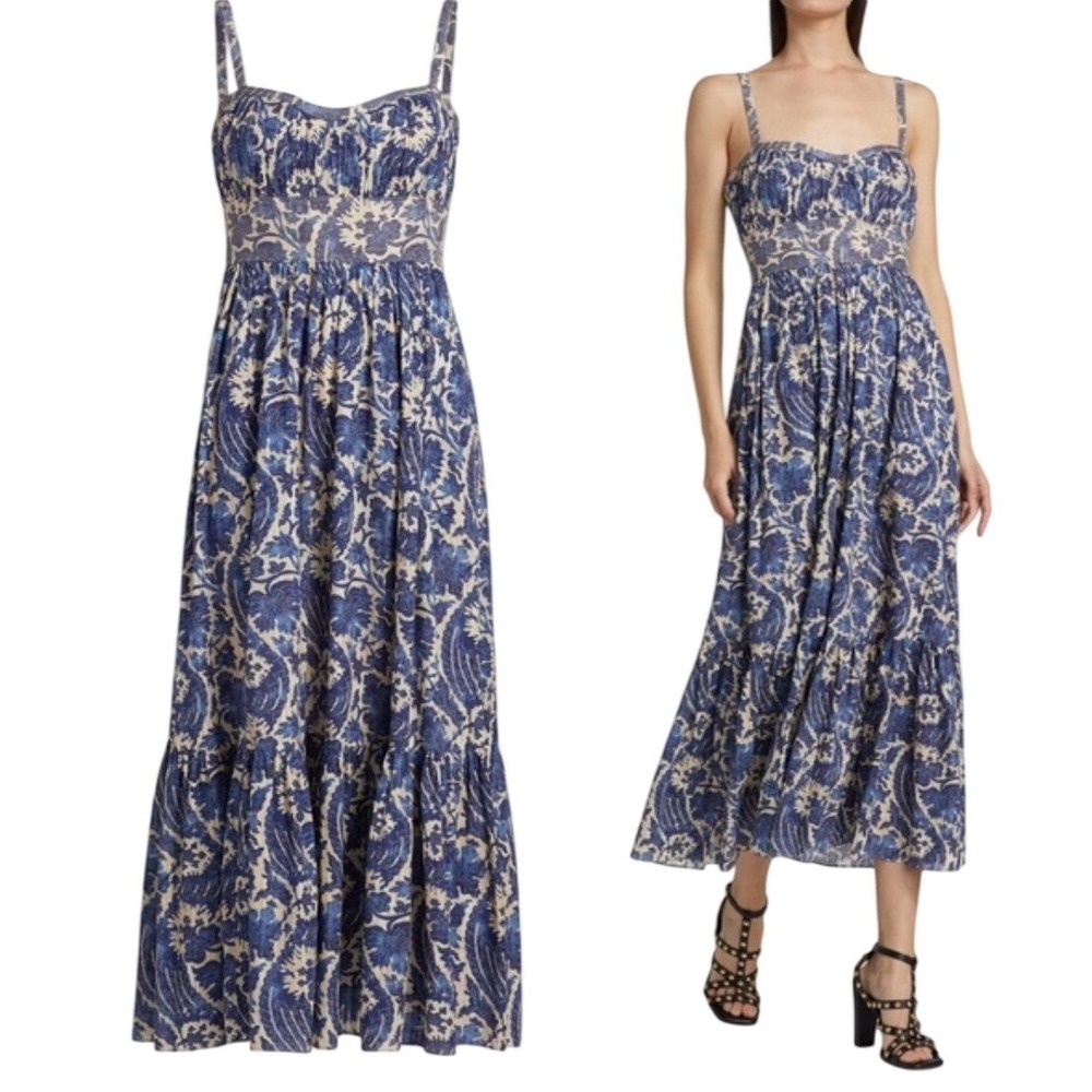 Ulla Johnson Nadine Dress Womens 0 Blue White Floral Batik Smocked Tiered Maxi